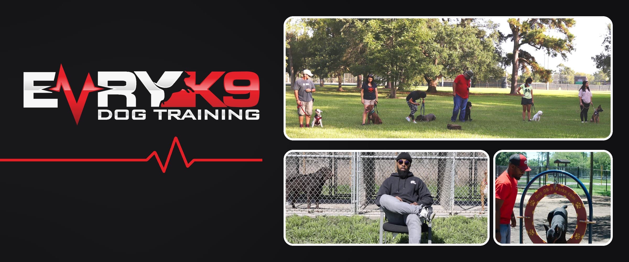 Evry K9 Dog Training logo beside photos of an Evry K9 group class in the park, a trainer at the kennels, and a dog jumping through a training hoop